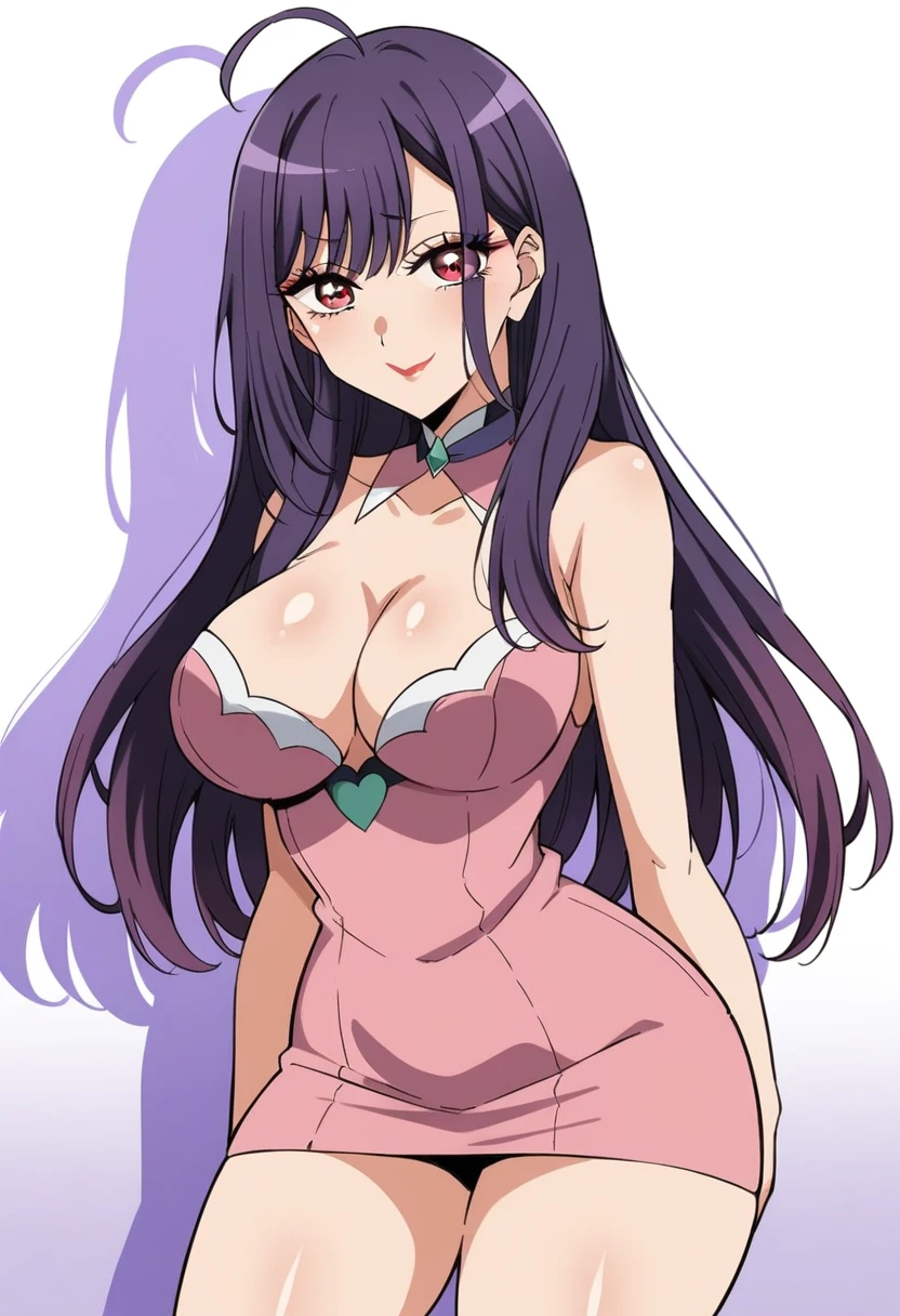 (anime art style:0.1), 2d, masterpiece, best quality, (very aesthetic:1.5), absurdres, dynamic shadows, atmosferic, (kitagawa marin), (1girl), ((purple hair)), bob cut, long hair, (red eyes), sparkle eyes, detailed eyes, eyelashes, ahoge, hair between eyes, bangs, medium breasts, cleavage, makeup, lipstick, naughty_face, (curvy body), magical girl, pink dress, pencil dress, ((cowboy shot)), looking at viewer, standing, (from front), (white background), simple background , sexy nfsw