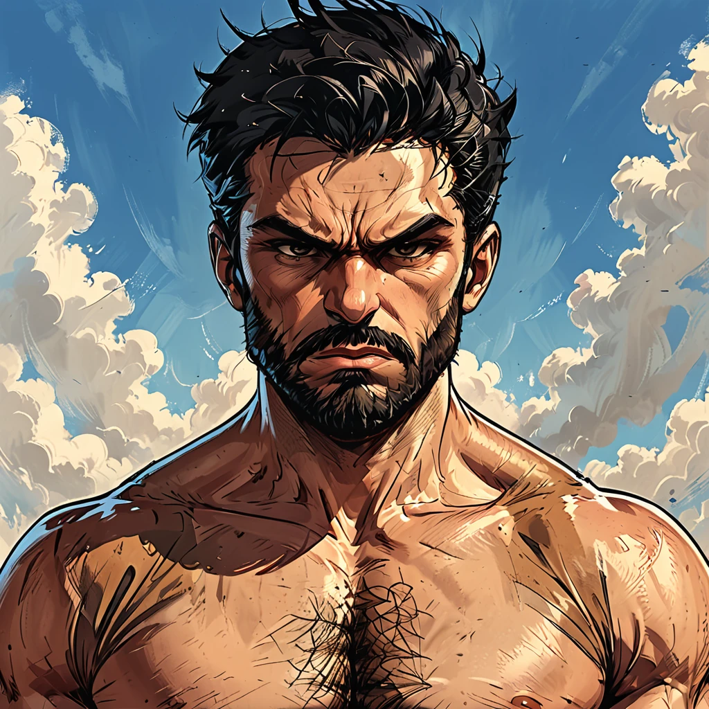 angry portrait of a man in the sky,  ((blue sky)), ((cloud)), man, Adult, Italian, Mesomorph Muscular body, perfect Olive skin, short Muscular neck, Rectangle faces, broad Muscular shoulders, Attached  Cupped Symmetrical Ears, Low Forehead, black short combed back hair, Fleshy nose, Bold Tapered black Eyebrows, High Angular Symmetrical Prominent Cheekbones, Heart-Shaped Cheeks, triangular Chin, Angular jawline, brown Upturned eyes, Thin nude Lips, Designer Stubble black whiskers, triangular black hair beard, big muscles,  graphic style of novel comics style,dark novel style, comic style, 2d, 8k, hyperrealism, masterpiece, high resolution, best quality, ultra-detailed, super realistic, Hyperrealistic art, high-quality, ultra high res, highest detailed, lot of details, Extremely high-resolution details, incredibly lifelike, colourful, soft cinematic light,