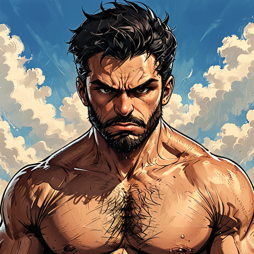 angry portrait of a man in the sky,  ((blue sky)), ((cloud)), man, Adult, Italian, Mesomorph Muscular body, perfect Olive skin, short Muscular neck, Rectangle faces, broad Muscular shoulders, Attached  Cupped Symmetrical Ears, Low Forehead, black short combed back hair, Fleshy nose, Bold Tapered black Eyebrows, High Angular Symmetrical Prominent Cheekbones, Heart-Shaped Cheeks, triangular Chin, Angular jawline, brown Upturned eyes, Thin nude Lips, Designer Stubble black whiskers, triangular black hair beard, big muscles,  graphic style of novel comics style,dark novel style, comic style, 2d, 8k, hyperrealism, masterpiece, high resolution, best quality, ultra-detailed, super realistic, Hyperrealistic art, high-quality, ultra high res, highest detailed, lot of details, Extremely high-resolution details, incredibly lifelike, colourful, soft cinematic light,