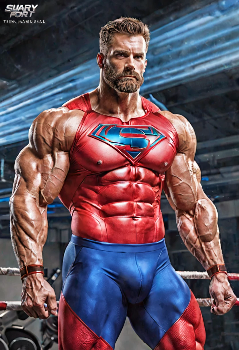 The Giant Guardian, a non-standard superhero with a large physique and thin goatee, sports a vibrant and heroic costume. His confident expression and strong muscles convey power and determination. Despite his unusual appearance, he is the embodiment of heroism, proving that inner strength and kindness are worth more than ripped muscles.