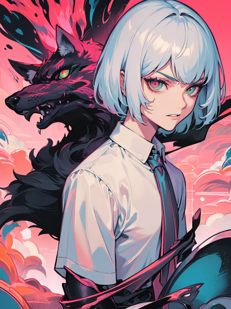 (masterpiece, best quality), beautiful men, silver hair, green eyes , wolf cut hair , T-shirt , white shirt , Throat, wet with sweat, Six pack, pink nipples, Insidious, Sharp-eyed, fierce eyes, canine teeth,