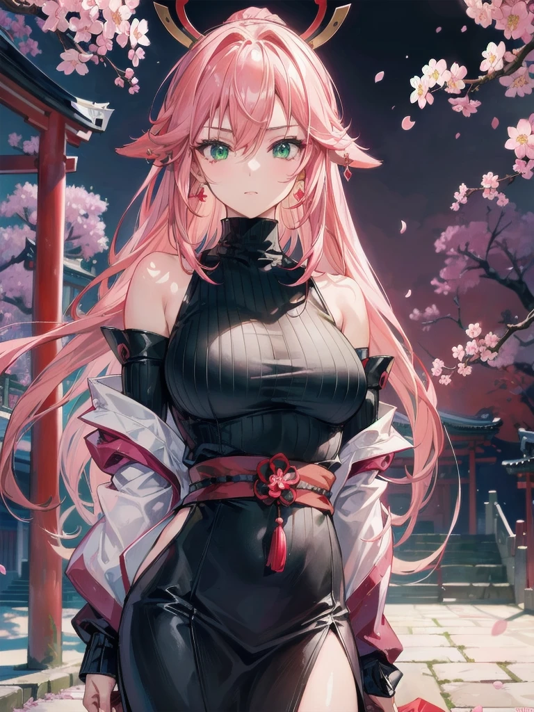 (Masterpiece, Excellent, 1girl, solo, complex details, color difference), realism, ((medium breath)), off-the-shoulders, big breasts, sexy, Yae Miko, long pink hair, red headdress, red highlight, hair above one eye, green eyes, earrings, sharp eyes, perfectly symmetrical figure, choker, neon shirt, open jacket, turtleneck sweater, against the wall, brick wall, graffiti, dim lighting, alley, looking at the audience, ((mean, seductive, charming)), ((cherry blossom background ))),((Japanese temple background)))), (((Glow-in-the-dark background)))