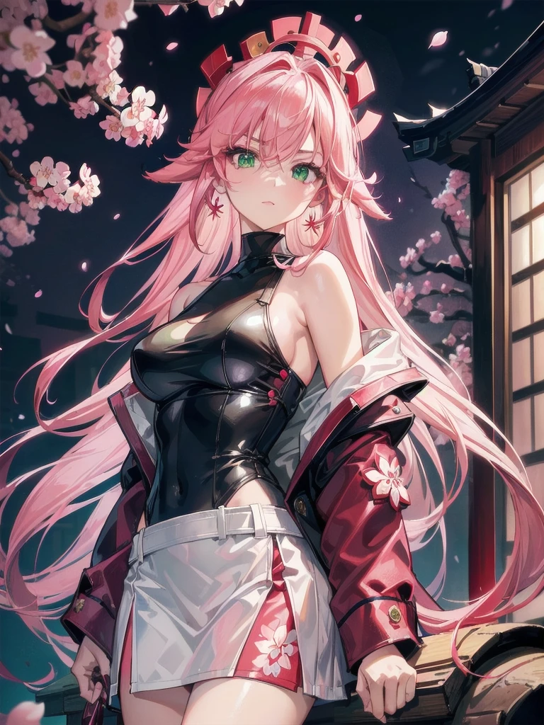 (Masterpiece, Excellent, 1girl, solo, complex details, color difference), realism, ((medium breath)), off-the-shoulders, big breasts, sexy, Yae Miko, long pink hair, red headdress, red highlight, hair above one eye, green eyes, earrings, sharp eyes, perfectly symmetrical figure, choker, neon shirt, open jacket, turtleneck sweater, against the wall, brick wall, graffiti, dim lighting, alley, looking at the audience, ((mean, seductive, charming)), ((cherry blossom background ))),((Japanese temple background)))), (((Glow-in-the-dark background)))