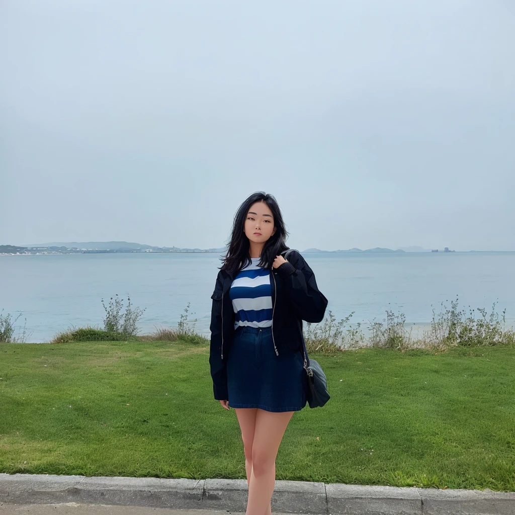 there is a woman standing on a sidewalk near the water, the ocean in the background, ocean in the background, standing beside the ocean, standing next to water, lake in the background, standing at the beach, at the sea, standing near the beach, near a jetty, casual pose, with a park in the background, very very low quality picture