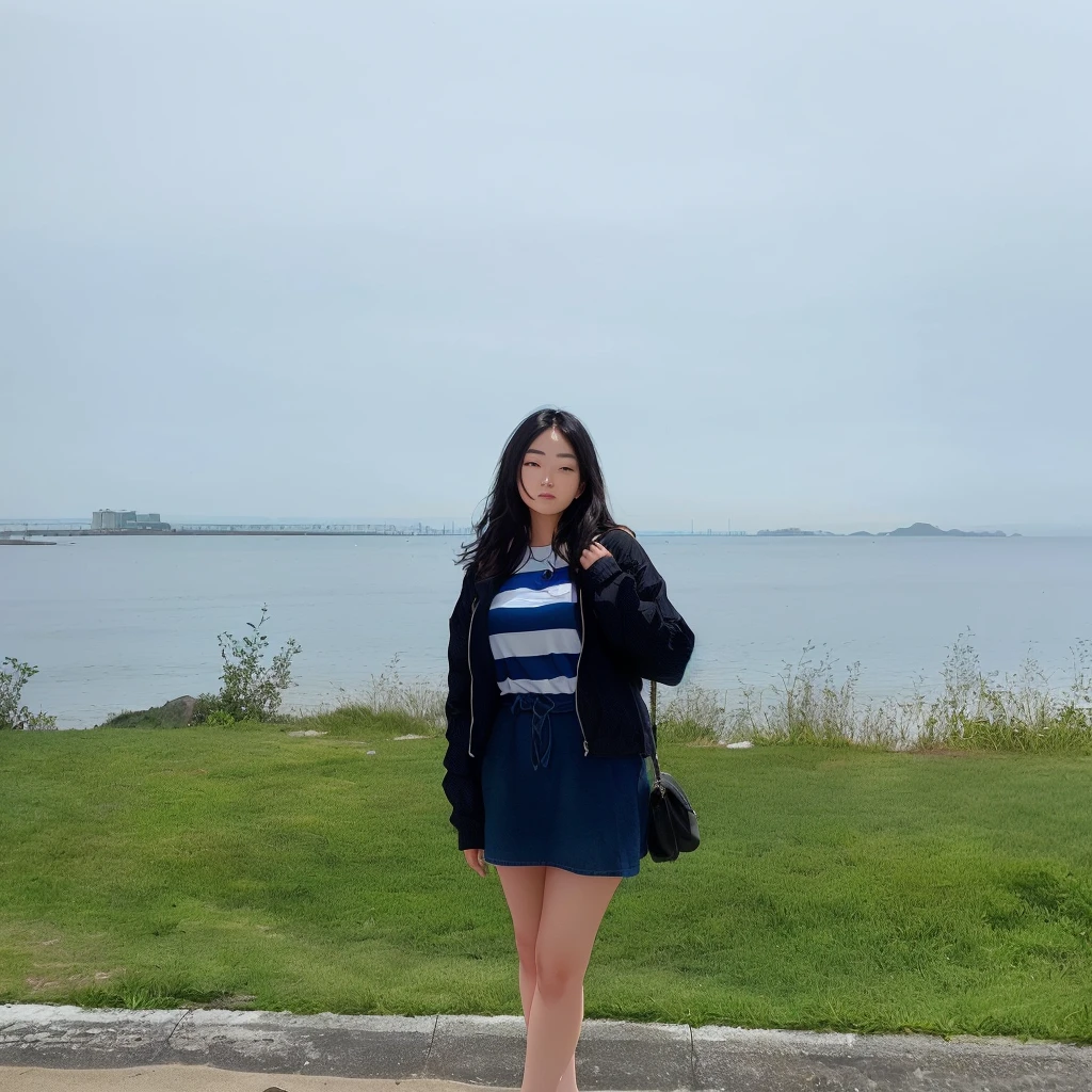there is a woman standing on a sidewalk near the water, the ocean in the background, ocean in the background, standing beside the ocean, standing next to water, lake in the background, standing at the beach, at the sea, standing near the beach, near a jetty, casual pose, with a park in the background, very very low quality picture