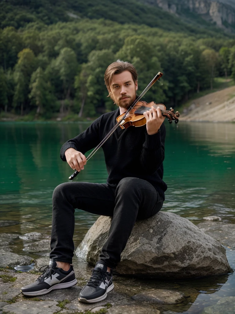 A man with neat hair was wearing a black sweater, black jeans and sneakers. Sitting playing the violin on a rock on the edge of a glass-clear lake with a stunning panorama of the trees