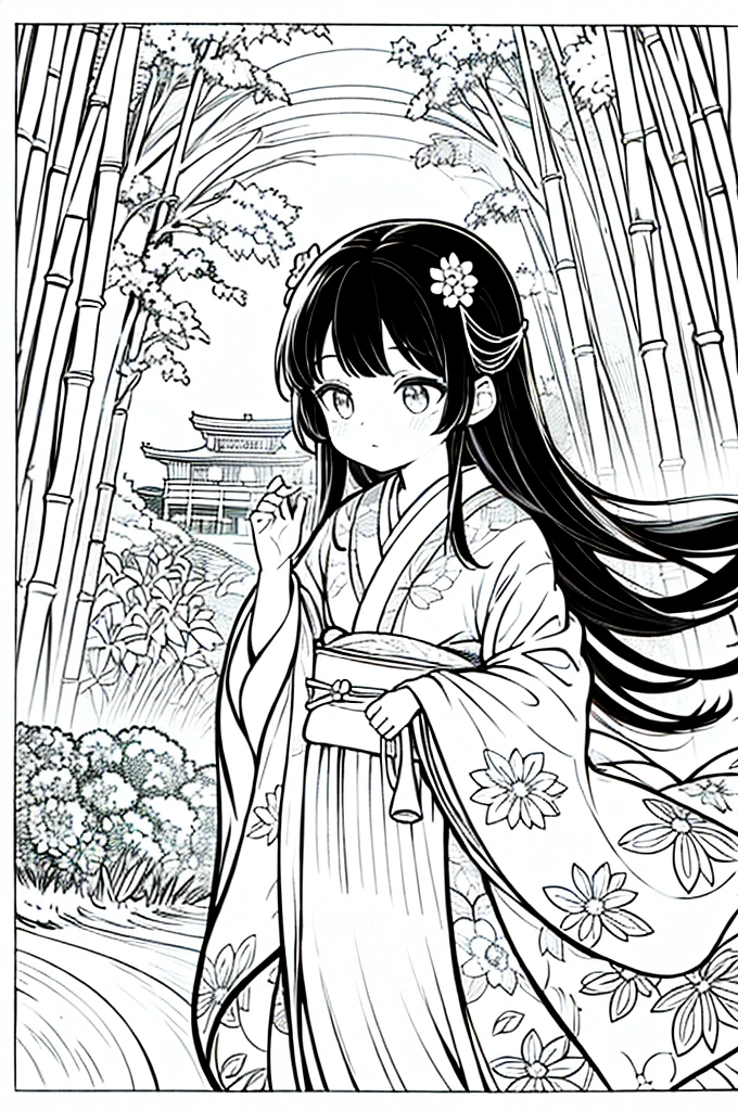 As a coloring book, the color should be black and white, the border should be simple, clear, and bold. A beautiful Asian girl with long, flowing black hair adorned with a delicate [flower hair ornament] is strolling through the picturesque [Arashiyama Bamboo Forest] in Kyoto, Japan. She is wearing a stunning [kimono with cherry blossom pattern], the vibrant colors contrasting with the serene green of the bamboo grove. The girl's expression exudes a sense of peace and tranquility as she immerses herself in the beauty of the natural surroundings.