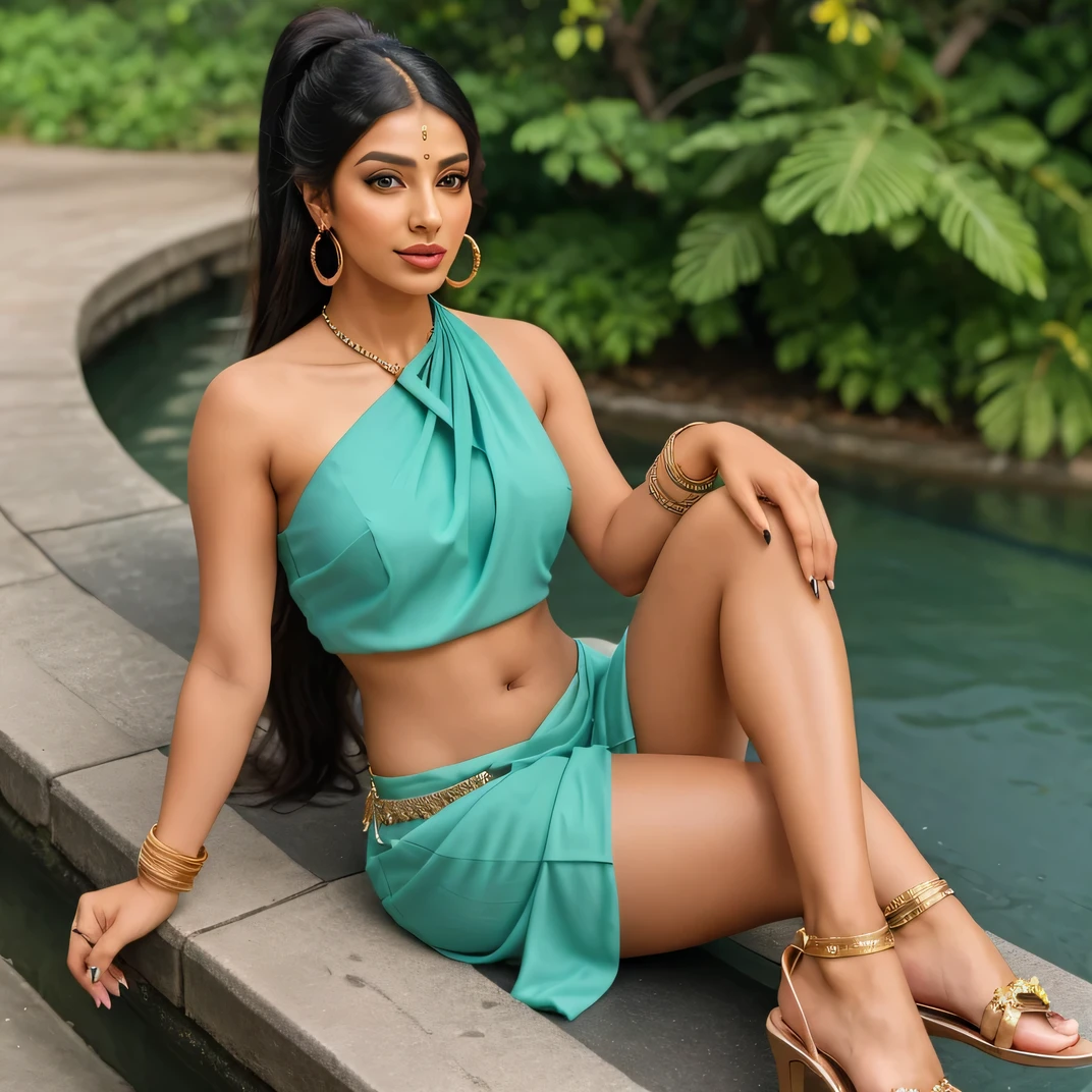 Create an ultra-realistic image of a modern, attractive female influencer of Indian descent, aged between 27 to 30. She should have a warm and inviting smile, expressive almond-shaped eyes with a slight shimmer, and clear, glowing skin with a medium brown complexion. Her features should be well-defined, with high cheekbones and a sharp jawline. Her hair should be long, thick, and styled in a sleek high ponytail with a bit of volume at the crown, with a vibrant, warm red color that’s eye-catching and bold. She should have a slender yet athletic build, reflecting a healthy and active lifestyle.
She is wearing a Sea Green Chiffon Saree and a Coral Pink Halter Neck Blouse that highlights her toned figure, with a medium bust size (40-42 inches) that is balanced and proportionate. Her outfit is completed with stylish black heeled sandals that add elegance to her look. She accessorizes with subtle yet chic jewelry, such as small hoop earrings and a few thin bangles.
The background should feature a tranquil lake surrounded by greenery and blooming flowers, adding a serene and picturesque setting. Her overall appearance should exude confidence, approachability, and sophistication, capturing the essence of a contemporary Indian fashion influencer.