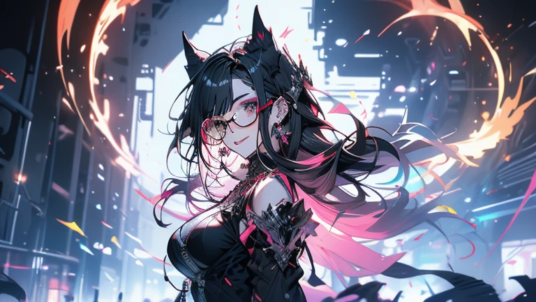 Highest quality,Highest Resolution,1People Women,sexy,,Vibrant colors,Very beautiful eyes,Big Breasts,Glasses,Black Hair,Neon color