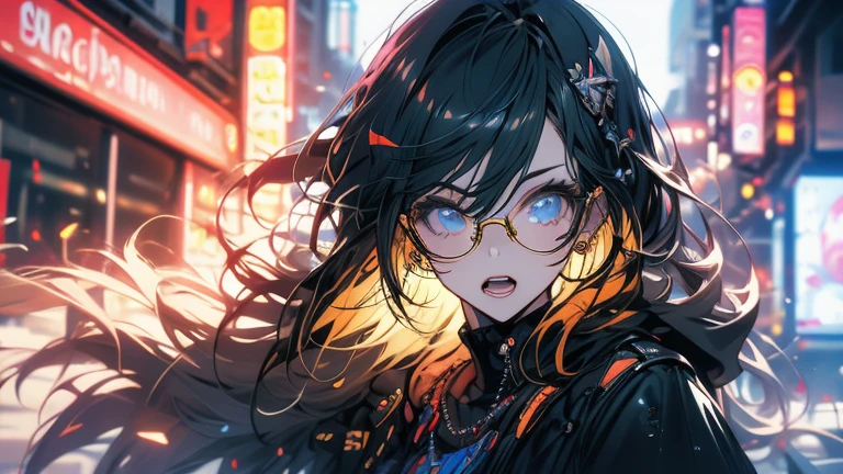 Highest quality,Highest Resolution,１People Women,sexy,,Vibrant colors,Very beautiful eyes,Big Breasts,Glasses,Black Hair,Neon color