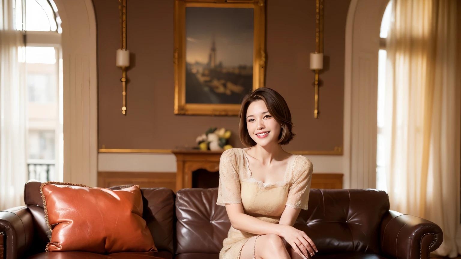 Highest quality, Ultra-high resolution, (Realistic: 1.4), RAW Photos,（(very short brown hair:1.5)）、（standard body type）、（D cup breasts）、（smile:1.5),Portrait of a 34-year-old French woman, 1940, (Period costume:1.2), Genuine leather sofa, （Marble floor:1.5）、Sit on the sofa、（Large window in the background、You can see the office building next door.）、（smile:1.5), (Living room with period furniture:1.4), (Calm, Soft Light: 1.2)、(Red short-sleeved dress:1.3）