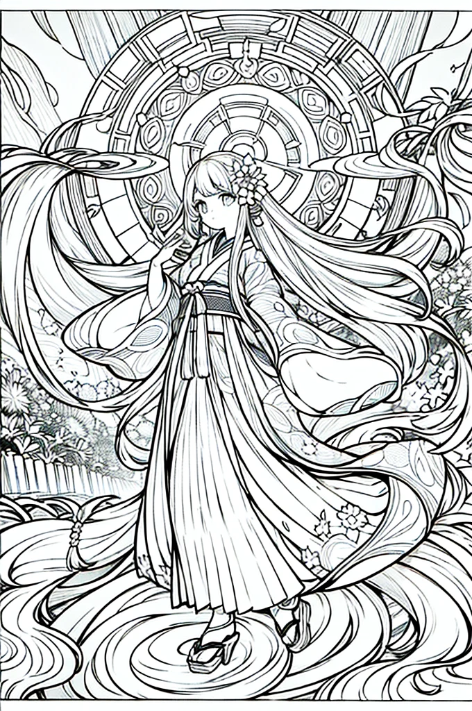 As a coloring book, the color should be black and white, the border should be simple, clear, and bold. A beautiful Asian girl with long, flowing black hair adorned with a delicate [flower hair ornament] is strolling through the picturesque [Arashiyama Bamboo Forest] in Kyoto, Japan. She is wearing a stunning [kimono with cherry blossom pattern], the vibrant colors contrasting with the serene green of the bamboo grove. The girl's expression exudes a sense of peace and tranquility as she immerses herself in the beauty of the natural surroundings.