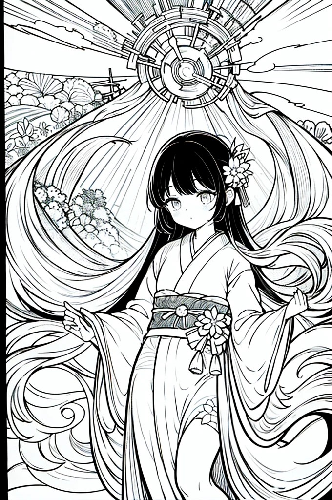 As a coloring book, the color should be black and white, the border should be simple, clear, and bold. A beautiful Asian girl with long, flowing black hair adorned with a delicate [flower hair ornament] is strolling through the picturesque [Arashiyama Bamboo Forest] in Kyoto, Japan. She is wearing a stunning [kimono with cherry blossom pattern], the vibrant colors contrasting with the serene green of the bamboo grove. The girl's expression exudes a sense of peace and tranquility as she immerses herself in the beauty of the natural surroundings.