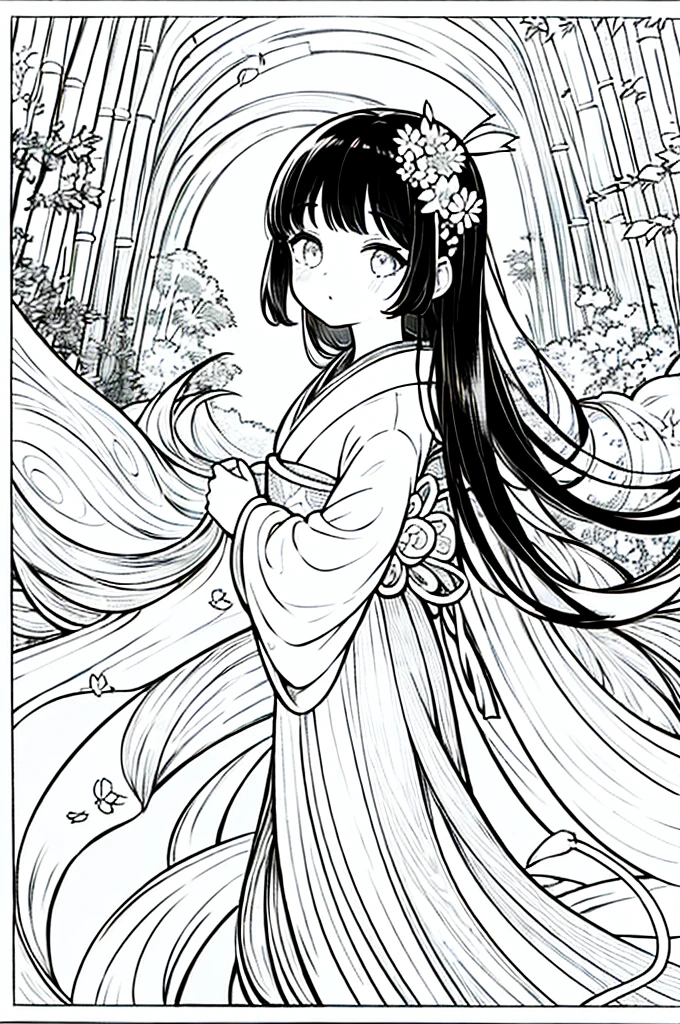 As a coloring book, the color should be black and white, the border should be simple, clear, and bold. A beautiful Asian girl with long, flowing black hair adorned with a delicate [flower hair ornament] is strolling through the picturesque [Arashiyama Bamboo Forest] in Kyoto, Japan. She is wearing a stunning [kimono with cherry blossom pattern], the vibrant colors contrasting with the serene green of the bamboo grove. The girl's expression exudes a sense of peace and tranquility as she immerses herself in the beauty of the natural surroundings.