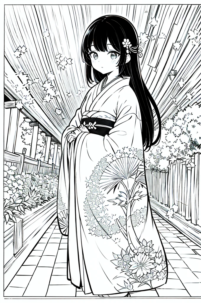 As a coloring book, the color should be black and white, the border should be simple, clear, and bold. A beautiful Asian girl with long, flowing black hair adorned with a delicate [flower hair ornament] is strolling through the picturesque [Arashiyama Bamboo Forest] in Kyoto, Japan. She is wearing a stunning [kimono with cherry blossom pattern], the vibrant colors contrasting with the serene green of the bamboo grove. The girl's expression exudes a sense of peace and tranquility as she immerses herself in the beauty of the natural surroundings.