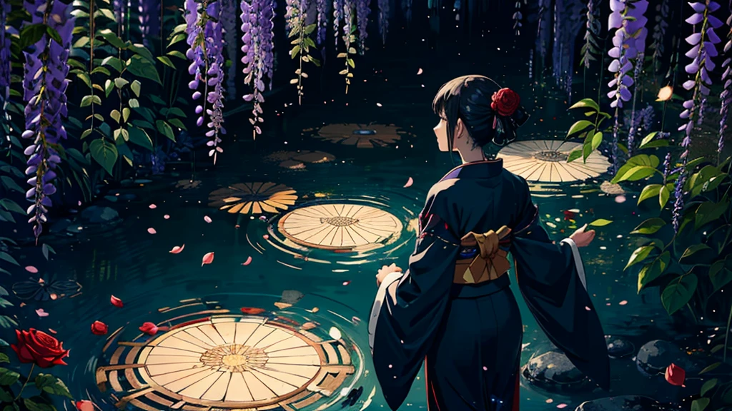 1. Female, performer, nebula, rose, Wisteria, leaf, Falling petals, Flower artwork, Simplicity, Light from above, Whitework, Reflecting Floor, Black kimono, Removable sleeves, Pause, Contrasting, garden, Traditional Texture, Ambient Lighting