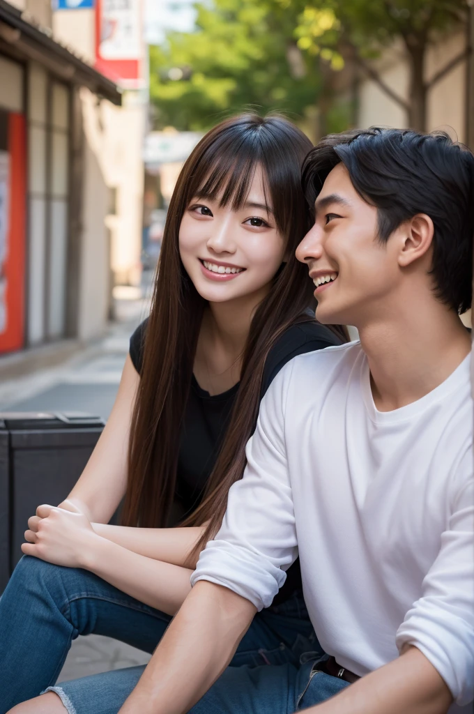 (8k, RAW photo, best quality, masterpiece:1.2), (realistic, photo-realistic:1.4), (extremely detailed 8k wallpaper), Japanese 20 age woman,A girl is on a date with an otaku uncle. She looks very happy and is smiling