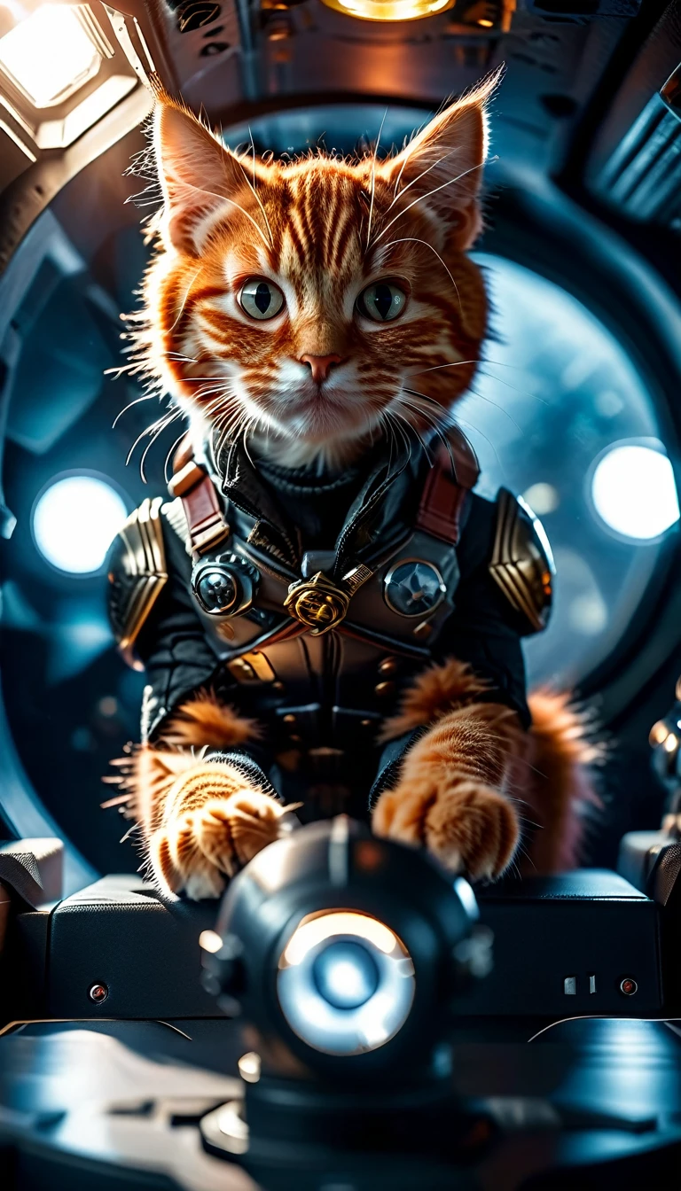 cinematic photo a detailed Award-winning photo, Cute red-haired cat space pirate in his spaceship ,Realistic fur, tooth , anger, Have a big futuristic gun, Epic pose, High quality photos, 3-point lighting, flash with softbox, 4K, Canon EOS R3, High resolution, Smooth, Sharp focus, High resolution, Award-winning photo, 80mm, F2.8, Bokeh . 35mm Photography, movie, Bokeh, Professional, 4K, Very detailed