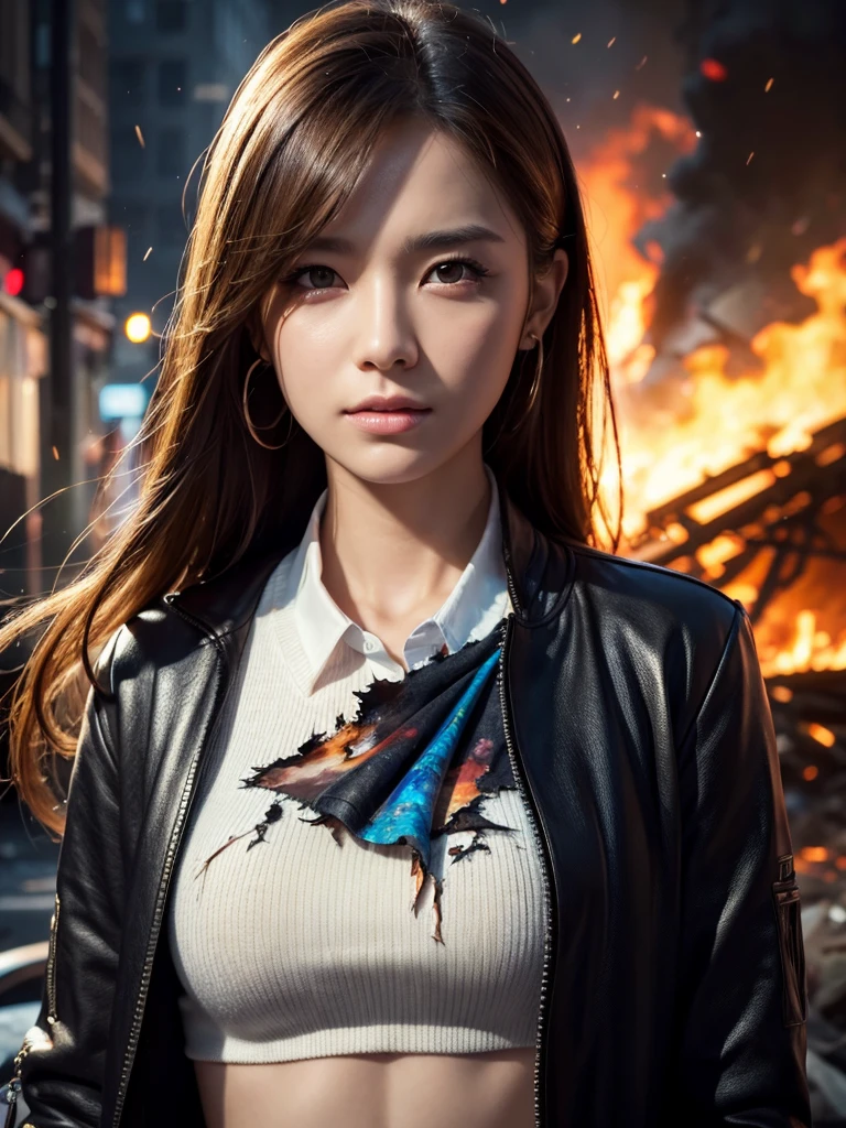 a beautiful woman with serious expression, ((Torn clothes)),Injured、 detailed face and eyes, skin, in a destroyed cityscape with burning flames, 4K, 8K, highres, masterpiece:1.2, ultra-detailed, realistic, photorealistic, photo-realistic:1.37, HDR, uhd, studio lighting, ultra-fine painting, sharp focus, physically-based rendering, extreme detail description, professional, vivid colors, bokeh, portrait