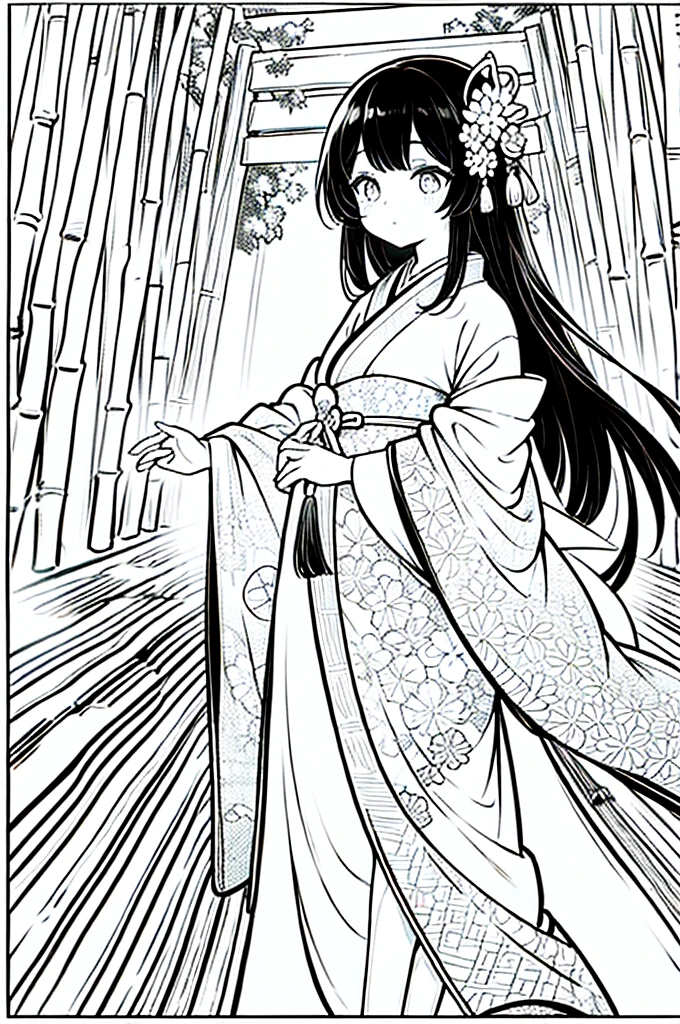 As a coloring book, the color should be black and white, the border should be simple, clear, and bold. A beautiful Asian girl with long, flowing black hair adorned with a delicate [flower hair ornament] is strolling through the picturesque [Arashiyama Bamboo Forest] in Kyoto, Japan. She is wearing a stunning [kimono with cherry blossom pattern], the vibrant colors contrasting with the serene green of the bamboo grove. The girl's expression exudes a sense of peace and tranquility as she immerses herself in the beauty of the natural surroundings.