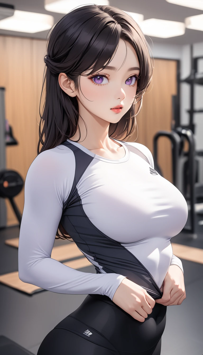 masterpiece, high resolution, beautiful woman, Korean Beauty, 30 years old, tight sports long sleeve, tight yoga pants, beautiful woman, training room, looking at me, (high resolution face), (high resolution eyes), (high quality eyes), black hair, purple eyes, little curvy