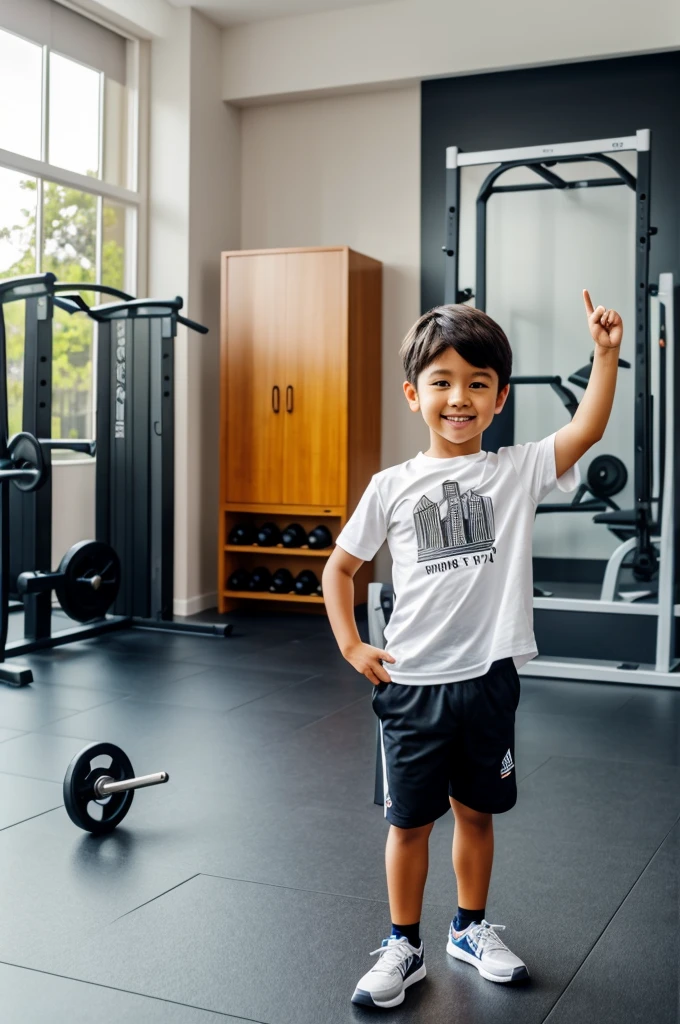 boy , raised his hand, shows index finger in verd , gym in the back photo , dressed , t-shirt,shirt , hyperrealistic, 30 years . 