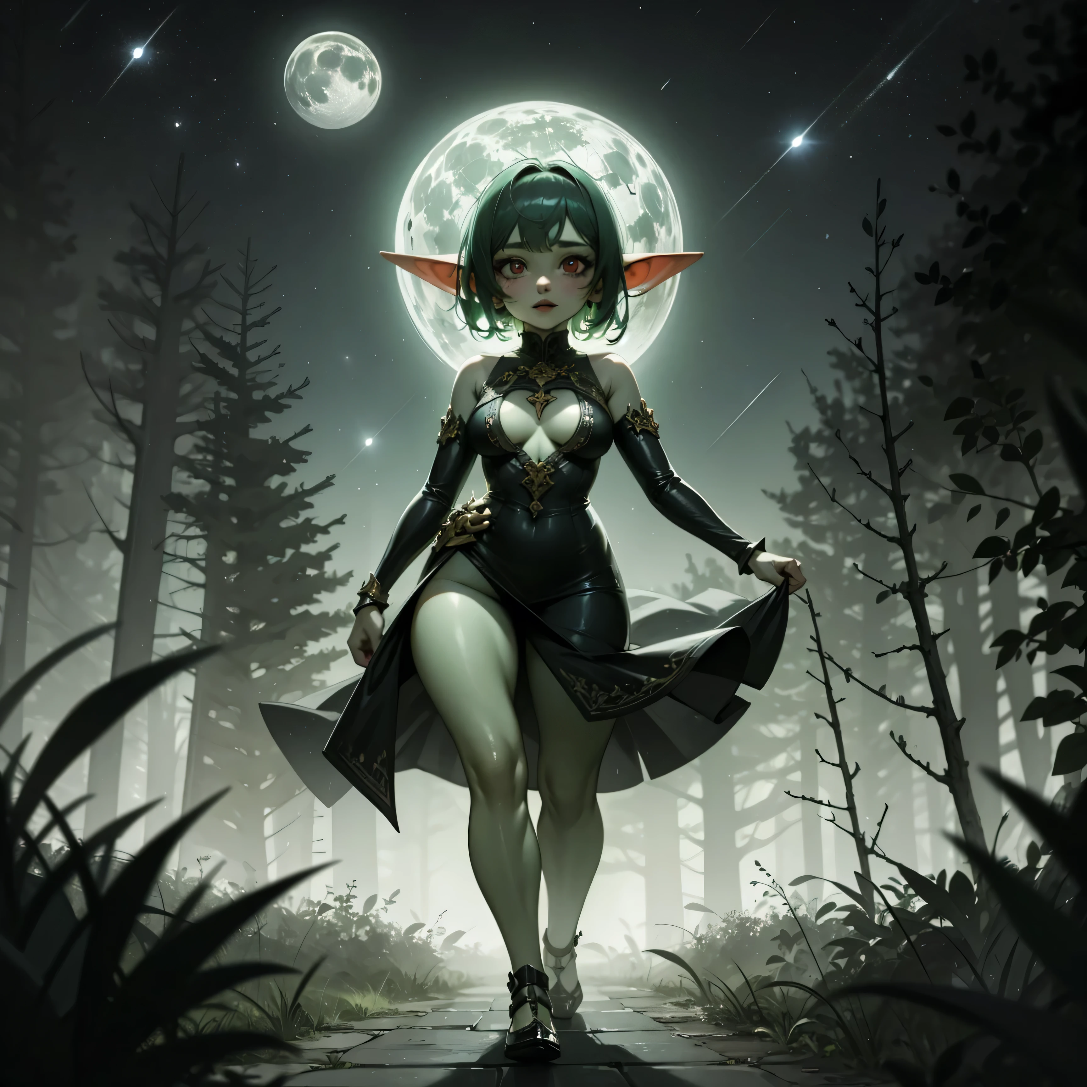 1girl, goblin girl, (solo), short curly hair, light green hair, tiny breasts, tiny size, red eyes, green skin, tiny sexy black dress, sex view, tiny vagina, full body, walking down, (forest), night, white moon, mountain behind, (very sexy body, detailed face, masterpiece, highly detailed, 8k, best quality, vibrant colors, digital art, concept art)