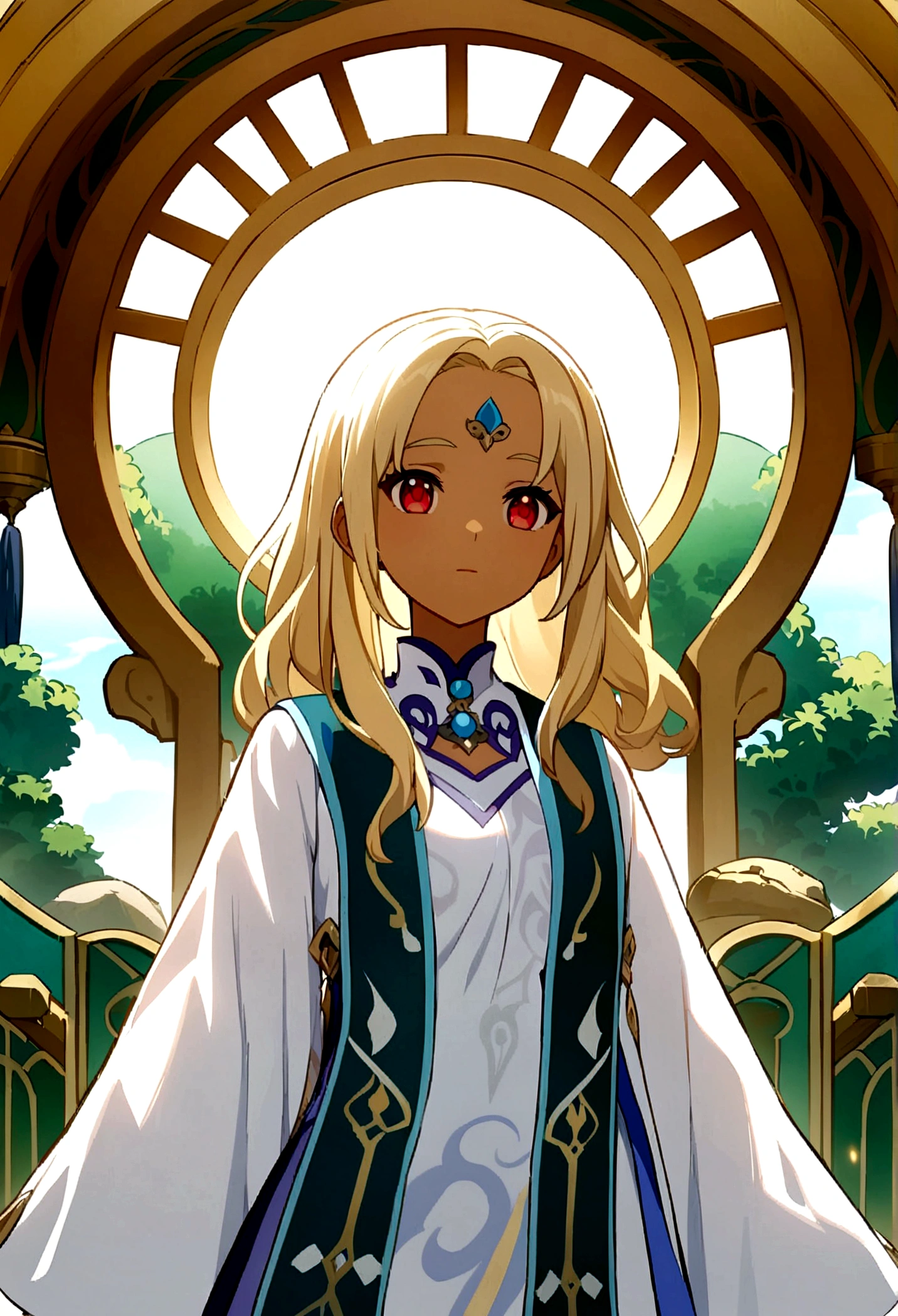 Anime girl with blonde hair and red eyes standing in front of a door., Ayaka Genshin Impact, portrait, Knights of the Zodiac, , anime goddess, blonde anime girl with long hair, pretty female clergyman, Official character art, Official Art, genshin impact keqing, white hair deity, anime style like destiny/Overnight stay, ayaka game genshin impact was light blue the details were not green and she was lighter skinned