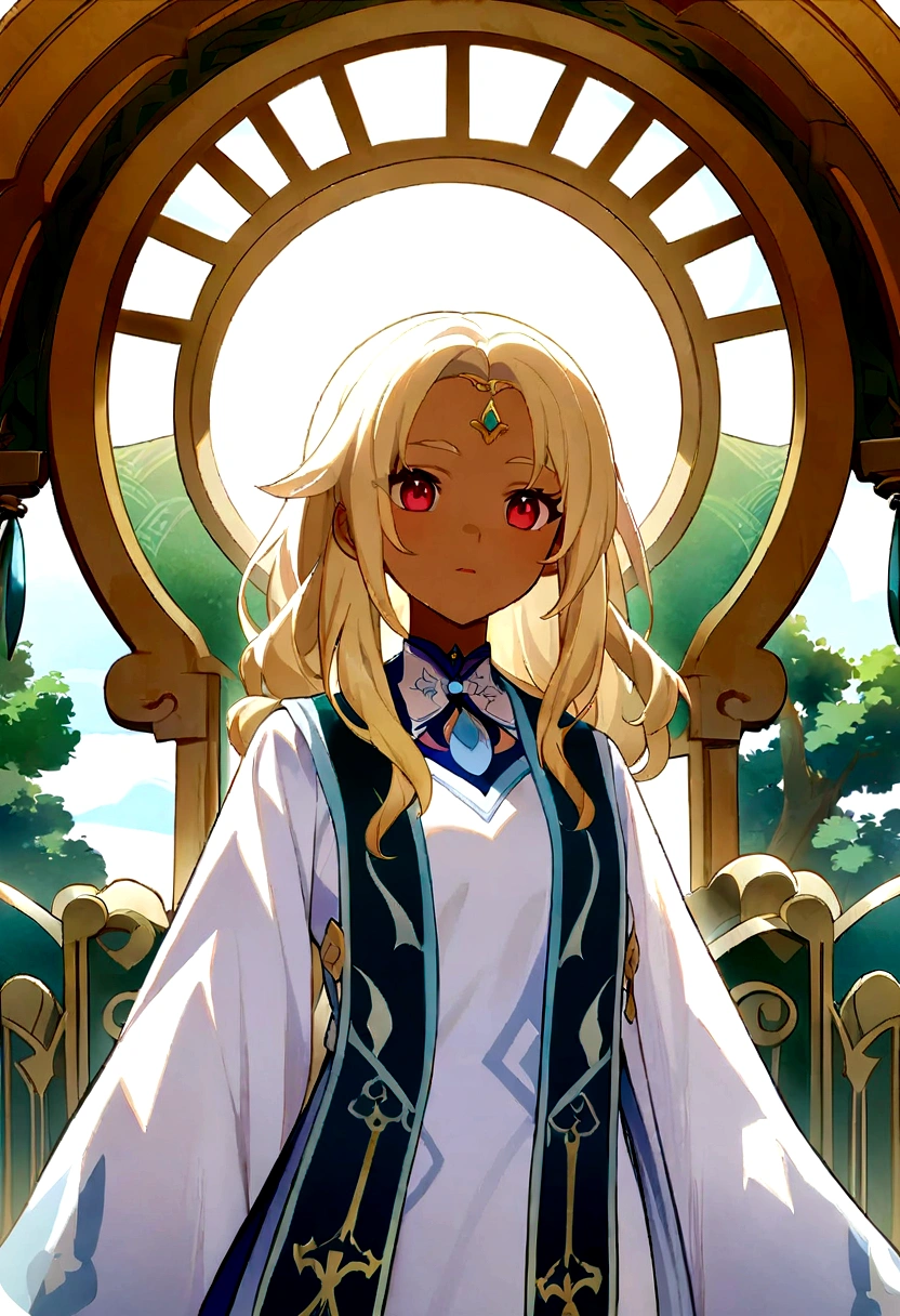 Anime girl with blonde hair and red eyes standing in front of a door., Ayaka Genshin Impact, portrait, Knights of the Zodiac, , anime goddess, blonde anime girl with long hair, pretty female clergyman, Official character art, Official Art, genshin impact keqing, white hair deity, anime style like destiny/Overnight stay, ayaka game genshin impact was light blue the details were not green and she was lighter skinned