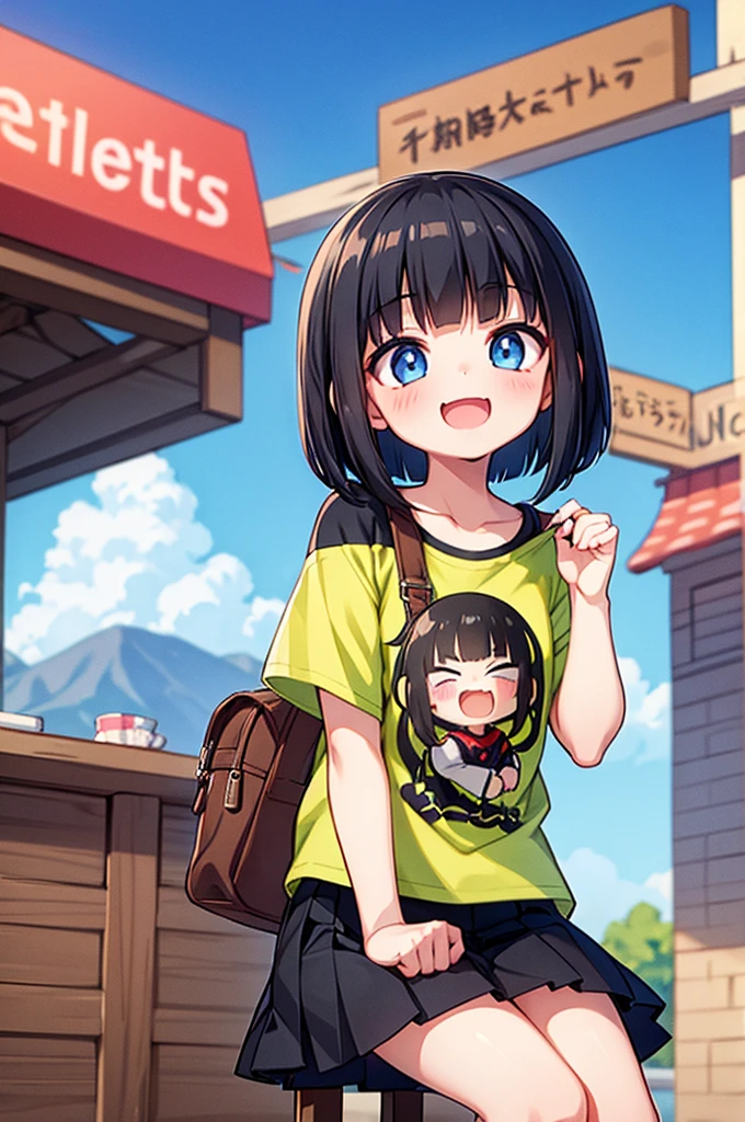 girl、Black Hair、Braided Bob、anime、((Little))、((Deformation))、T-Shirts、skirt、Laugh out loud、I can&#39;t see the teeth、He is pointing at the surface on the wall with a pointer and explaining.、