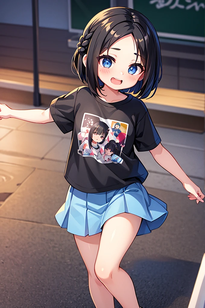girl、Black Hair、Braided Bob、anime、((Little))、((Deformation))、T-Shirts、skirt、Laugh out loud、I can't see the teeth、He is pointing at the surface on the wall with a pointer and explaining.、