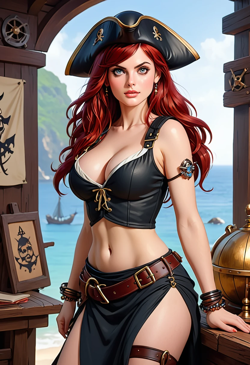 A beautiful y woman with long, shiny red hair, a tender face, a warm, friendly look, a fit figure, bigaked, nipple, arms, straps, er im Fantasy-Style, Sleeveless, bares her waist, a bracelet adorns her wrist, leans back erotically, This character ema finely crafted fantasy pirate, exquisiter (Alexandra Daddario:1.2), High Resolution, best quality, highres, Ultra-detail, Finest painting, extremely sensitive, Specialist, anatomically correct, symmetrical face, extremely detailed eyes and face, High quality eyes, creativity, RAW-Foto, uhd, 32k, natural light, cinematic lighting, masterpiece-anatomy-perfect, masterpiece:1.5. hige ass from behind. white background, f body. tricorn hat