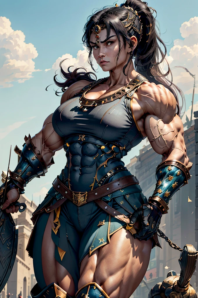 (Best lighting) , (Very intricate details) , 4K Integration, (Super fine CG: 1.2) , (8K: 1.2),(original), (masterpiece) , (Highest quality),(masterpiece:1.4),((Full  images))、Photo quality,(masterpiece),masterpiece, Highest quality, Absurd,((Masterpiece, 4K, 8K, High resolution)),(masterpiece), (Highest quality), (Super detailed), (Very delicate and beautiful), ((Full body image 1:1.5)), 1 female,　The face of a 40-year-old Western woman、A beautiful, well-balanced face、 ((A woman with a muscular body like a male bodybuilder)),((Huge muscular physique))、((A 200cm tall woman))、((Beautiful woman)),((Woman warrior)),45 year old mature woman,Brave and resolute attitude, Wearing Valkyrie Metal Armor、 (Sleeveless Armor)、((Metal armor that resembles a thick chest and abdominal muscles))、((Metal armor covering the upper body))、Valkyrie's Helmet、Very strong legs、((Long boots with pin heels))、((kneehigh 、Medieval streetscape,Strength and elegance,Solemn atmosphere,((The Queen's Appearance))、((The Strongest Queen of Mankind))、(Huge muscular physique),((Protruding veins))、((A woman with a toned chest like a male bodybuilder))、Raised trapezius muscle、very thick neck、((Strong arms with bulging biceps))、A muscular chest、Six-pack、((Thick thighs with bulging muscles))、((Bicep-like calf muscles))、Overflowing with incredible strength、Muscles bulging out from under the force of force all over the body、Black Hair、ponytail、A commanding presence,Poses that show off their monstrous power,Model standing、Standing with dignity、Vibrant colors,Down to the smallest thread,Impressive level textures,Sharp focus,Rich and realistic backgrounds,Magnificence and grandeur,((A strong Valkyrie captain)),((A powerful Valkyrie captain)), Inspiring and majestic,Guardian of the kingdom,Unstoppable courage,Divine Destiny,Indomitable spirit,Unforgettable beauty,Unwavering Strength