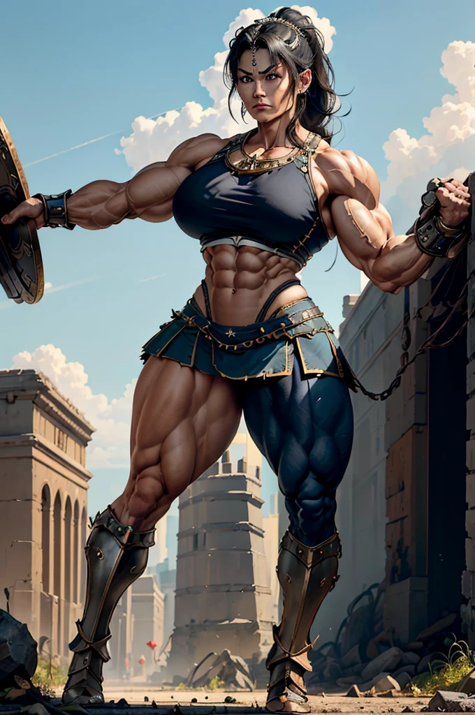 (Best lighting) , (Very intricate details) , 4K Integration, (Super fine CG: 1.2) , (8K: 1.2),(original), (masterpiece) , (Highest quality),(masterpiece:1.4),((Full  images))、Photo quality,(masterpiece),masterpiece, Highest quality, Absurd,((Masterpiece, 4K, 8K, High resolution)),(masterpiece), (Highest quality), (Super detailed), (Very delicate and beautiful), ((Full body image 1:1.5)), 1 female,　The face of a 40-year-old Western woman、A beautiful, well-balanced face、 ((A woman with a muscular body like a male bodybuilder)),((Huge muscular physique))、((A 200cm tall woman))、((Beautiful woman)),((Woman warrior)),45 year old mature woman,Brave and resolute attitude, Wearing Valkyrie Metal Armor、 (Sleeveless Armor)、((Metal armor that resembles a thick chest and abdominal muscles))、((Metal armor covering the upper body))、Valkyrie's Helmet、Very strong legs、((Long boots with pin heels))、((kneehigh 、Medieval streetscape,Strength and elegance,Solemn atmosphere,((The Queen's Appearance))、((The Strongest Queen of Mankind))、(Huge muscular physique),((Protruding veins))、((A woman with a toned chest like a male bodybuilder))、Raised trapezius muscle、very thick neck、((Strong arms with bulging biceps))、A muscular chest、Six-pack、((Thick thighs with bulging muscles))、((Bicep-like calf muscles))、Overflowing with incredible strength、Muscles bulging out from under the force of force all over the body、Black Hair、ponytail、A commanding presence,Poses that show off their monstrous power,Model standing、Standing with dignity、Vibrant colors,Down to the smallest thread,Impressive level textures,Sharp focus,Rich and realistic backgrounds,Magnificence and grandeur,((A strong Valkyrie captain)),((A powerful Valkyrie captain)), Inspiring and majestic,Guardian of the kingdom,Unstoppable courage,Divine Destiny,Indomitable spirit,Unforgettable beauty,Unwavering Strength