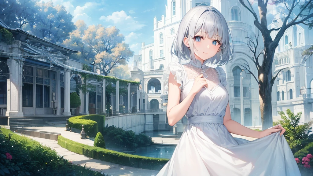 Ultra HD,Look at the viewers, Put your hands behind your back, With a girl, 20-year-old, 非常にShort Hair, Long bangs between the eyes, Pale blue eyes, Very detailed,(masterpiece、Highest quality),Gray Hair、Laughter、Fantastic, Silver Hair, Iris, Short hair、 Fluttering Hair、Small Face、明るいsmile、(Detailed face) ,Professional Lighting,Wonderful landscape,blue sky, sunlight,Looking down from above,Portraiture、Open your mouth、Flower Field、Her eyes were shining、Mysterious and enchanting atmosphere。With AI Painting、とてもShort Hair, Long bangs between the eyes, Very detailed,(masterpiece、Highest quality)、alone、Gray Hair、Fantasy, Silver Hair, Fantasyな風景、White shirt、smile、Open your mouth、short hair、Short Hair、hairpin、black eye、Grey Eyes、Beautiful Eyes、