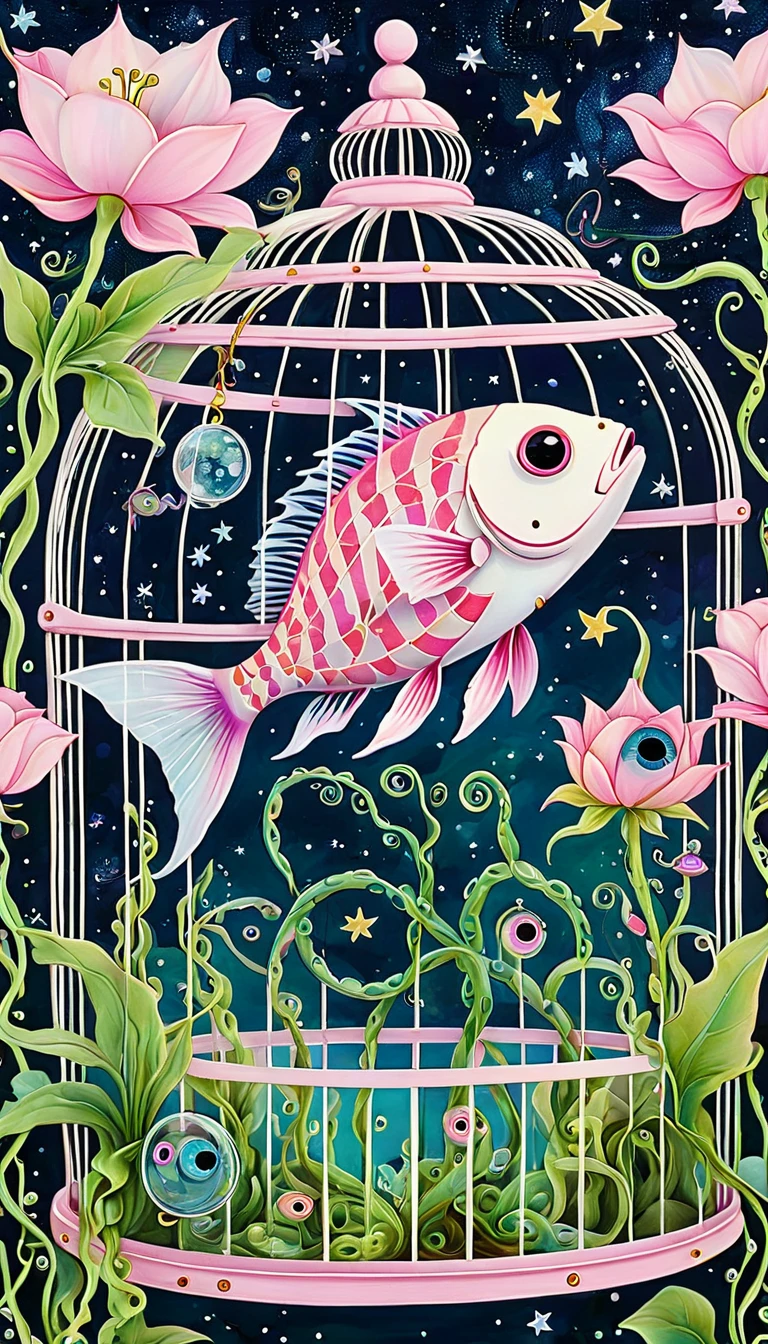 Light pink fish in the birdcage，plant，Tentacles，Eye、Starry Sky，Stitching together an abstract painting，Describing the inner world of autistic people，Sense of space，White Space，interesting，Innocence，Psychedelic Art，Pink theme