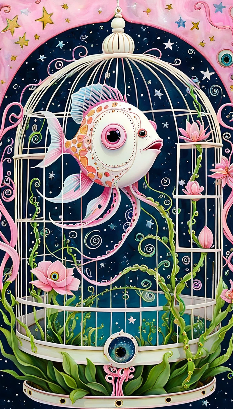 Light pink fish in the birdcage，plant，Tentacles，Eye、Starry Sky，Stitching together an abstract painting，Describing the inner world of autistic people，Sense of space，White Space，interesting，Innocence，Psychedelic Art，Pink theme