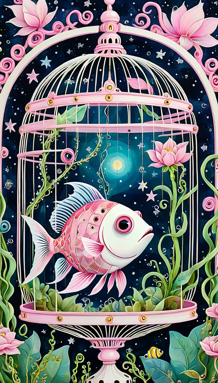 Light pink fish in the birdcage，plant，Tentacles，Eye、Starry Sky，Stitching together an abstract painting，Describing the inner world of autistic people，Sense of space，White Space，interesting，Innocence，Psychedelic Art，Pink theme