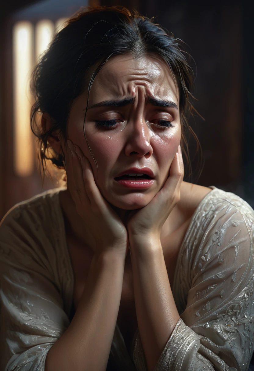 (best quality,4k,8k,highres,masterpiece:1.2),ultra-detailed,(realistic,photorealistic,photo-realistic:1.37),1 woman, crying, worried expression, intense emotion, tears, detailed facial features, intricate details, cinematic lighting, dramatic shadows, moody atmosphere, somber color palette, dark tones, chiaroscuro, oil painting, digital art, concept art, cinematic composition