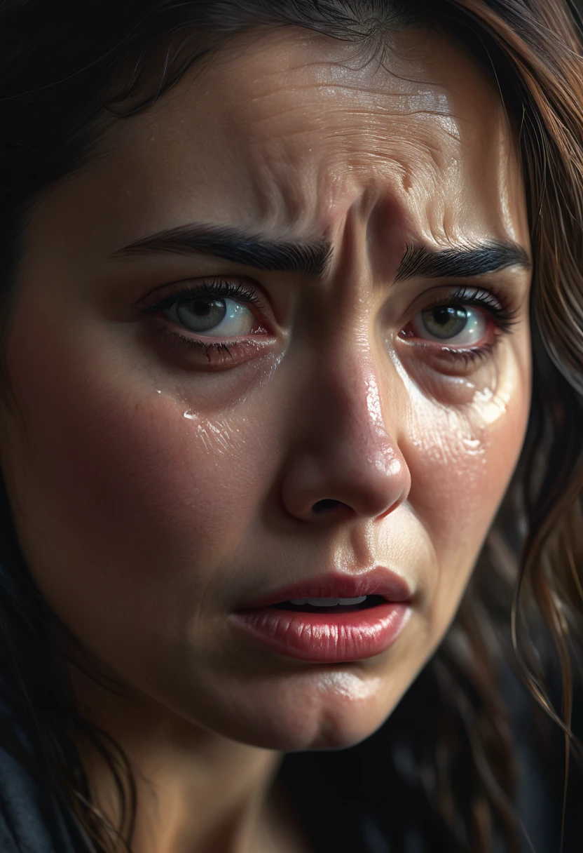 (best quality,4k,8k,highres,masterpiece:1.2),ultra-detailed,(realistic,photorealistic,photo-realistic:1.37),1 woman, crying, worried expression, intense emotion, tears, detailed facial features, intricate details, cinematic lighting, dramatic shadows, moody atmosphere, somber color palette, dark tones, chiaroscuro, oil painting, digital art, concept art, cinematic composition