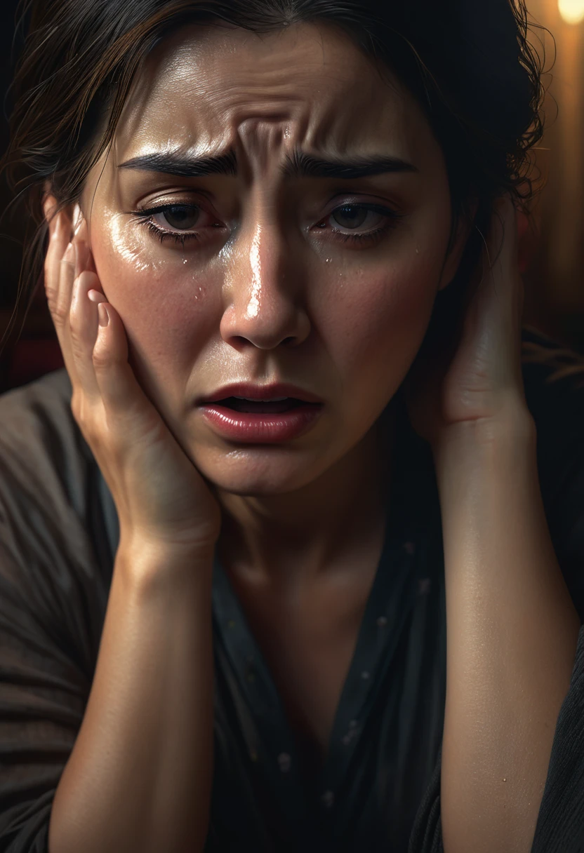 (best quality,4k,8k,highres,masterpiece:1.2),ultra-detailed,(realistic,photorealistic,photo-realistic:1.37),1 woman, crying, worried expression, intense emotion, tears, detailed facial features, intricate details, cinematic lighting, dramatic shadows, moody atmosphere, somber color palette, dark tones, chiaroscuro, oil painting, digital art, concept art, cinematic composition