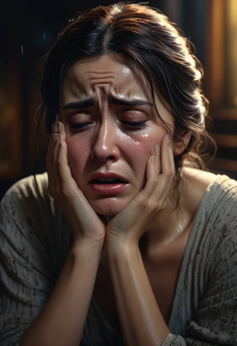 (best quality,4k,8k,highres,masterpiece:1.2),ultra-detailed,(realistic,photorealistic,photo-realistic:1.37),1 woman, crying, worried expression, intense emotion, tears, detailed facial features, intricate details, cinematic lighting, dramatic shadows, moody atmosphere, somber color palette, dark tones, chiaroscuro, oil painting, digital art, concept art, cinematic composition