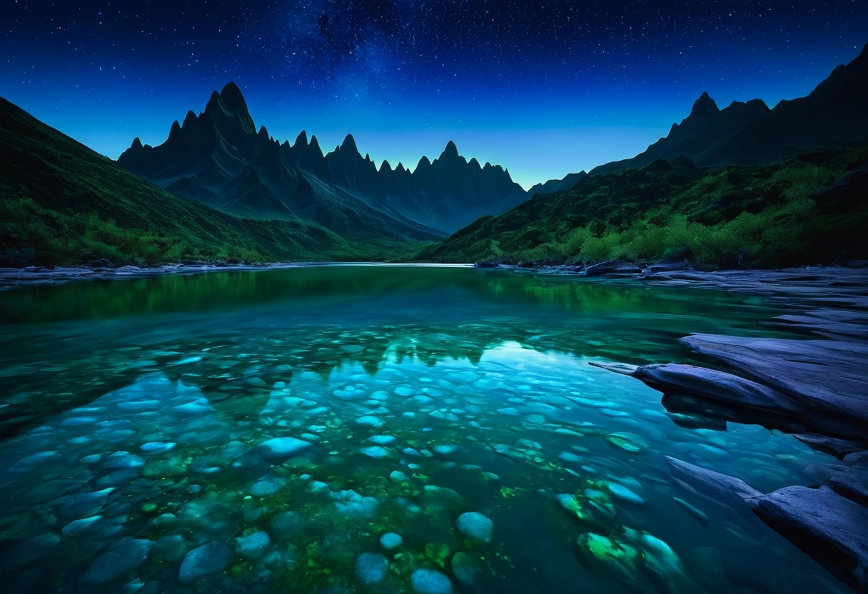 Generate a breathtaking and unique landscape photo using SDXL. The scene should depict a surreal and otherworldly environment where towering, jagged mountains are covered in bioluminescent vegetation that glows in shades of blue and green. A crystalline river winds its way through the valley, its water shimmering with iridescent hues under the light of a large, luminescent moon hanging low in the sky. The sky is filled with vibrant, swirling colors of a twilight that blends purples, pinks,