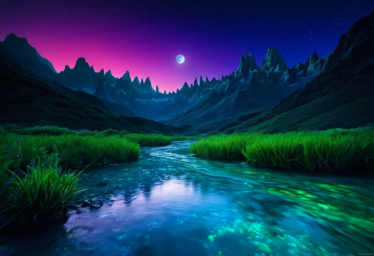 Generate a breathtaking and unique landscape photo using SDXL. The scene should depict a surreal and otherworldly environment where towering, jagged mountains are covered in bioluminescent vegetation that glows in shades of blue and green. A crystalline river winds its way through the valley, its water shimmering with iridescent hues under the light of a large, luminescent moon hanging low in the sky. The sky is filled with vibrant, swirling colors of a twilight that blends purples, pinks,