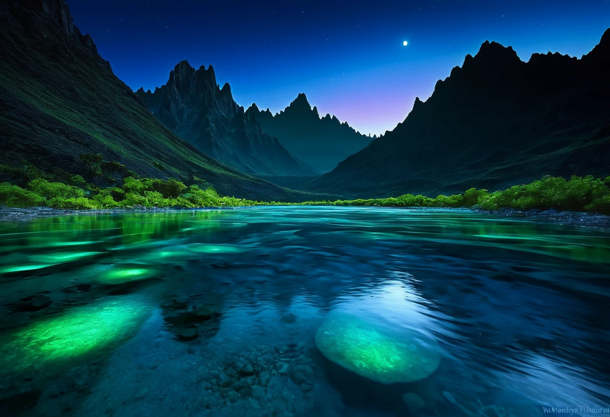 Generate a breathtaking and unique landscape photo using SDXL. The scene should depict a surreal and otherworldly environment where towering, jagged mountains are covered in bioluminescent vegetation that glows in shades of blue and green. A crystalline river winds its way through the valley, its water shimmering with iridescent hues under the light of a large, luminescent moon hanging low in the sky. The sky is filled with vibrant, swirling colors of a twilight that blends purples, pinks,