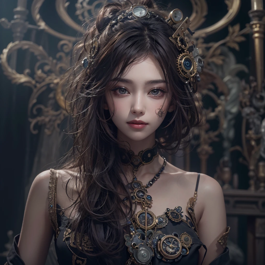 Standing in the grave、Hair flow、 ((Highest quality、masterpiece、8K、Best image quality、Ultra-high resolution、Award-winning works)、(Accurate anatomy:1.1)、(Look at me and smile:1.1)、Shining fair skin with Ultra-high resolution、The most detailed face、Ultra-high resolution detailed face、Ultra-high resolutionの髪の毛、(Ultra-high resolution eye:1.1)、Beautiful face drawn in every detail、Steampunk costumes, Chest to chest, Strange atmosphere, Ghosts flow, Dark Light, At the Cemetery, Heavy makeup