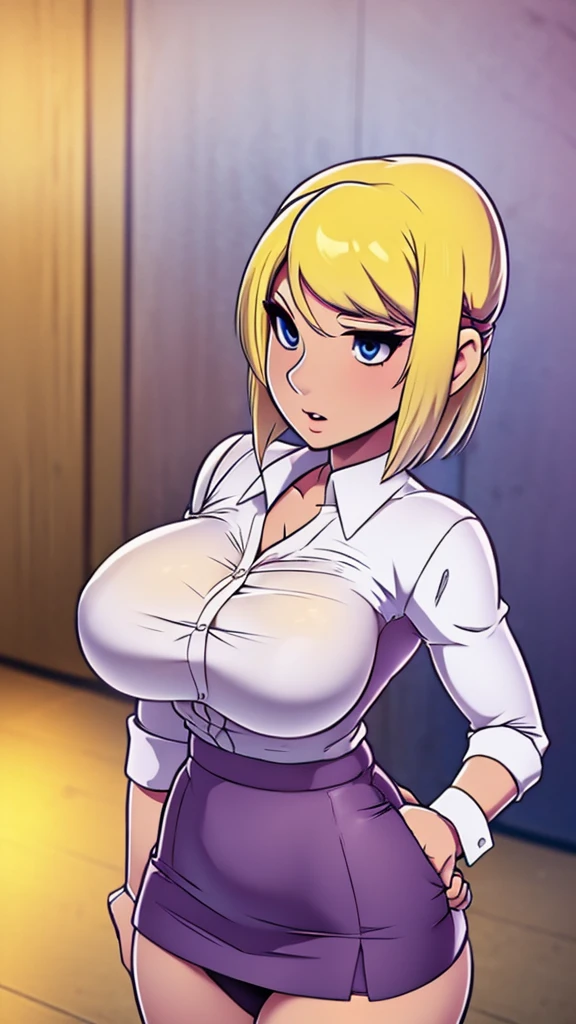 A sexy sensual woman beautiful beautiful attraction big breast long blonde yellow hair her gray eye wears a white button-down office shirt and a short purple skirt