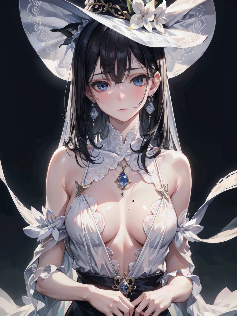 absurdres, RAW photo, extremely delicate and beautiful, masterpiece, Best Quality, ultra high resolution, 32k, hyperrealistic, ultra-detailed, delicate facial features, beautiful detailed woman, tearful mole, earring, medium breasts, full body shot, medium hair, black hair, Witch,