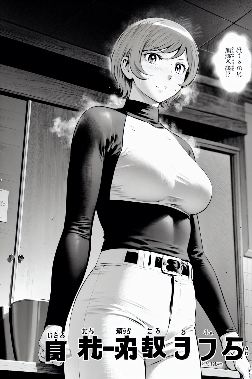 、(masterpiece、Highest quality)、Highest quality, Ultra-high resolution, (((masterpiece))), alone, Sweat、Big eyes,Tight black shirt、Tight white pants、belt、indoor、Composition from the front、(Cut the back hair short、short hair、blonde、woman)、Shortcuts、Embarrassed face、Cut your hair short、可愛いwomanの子、Big Breasts、office