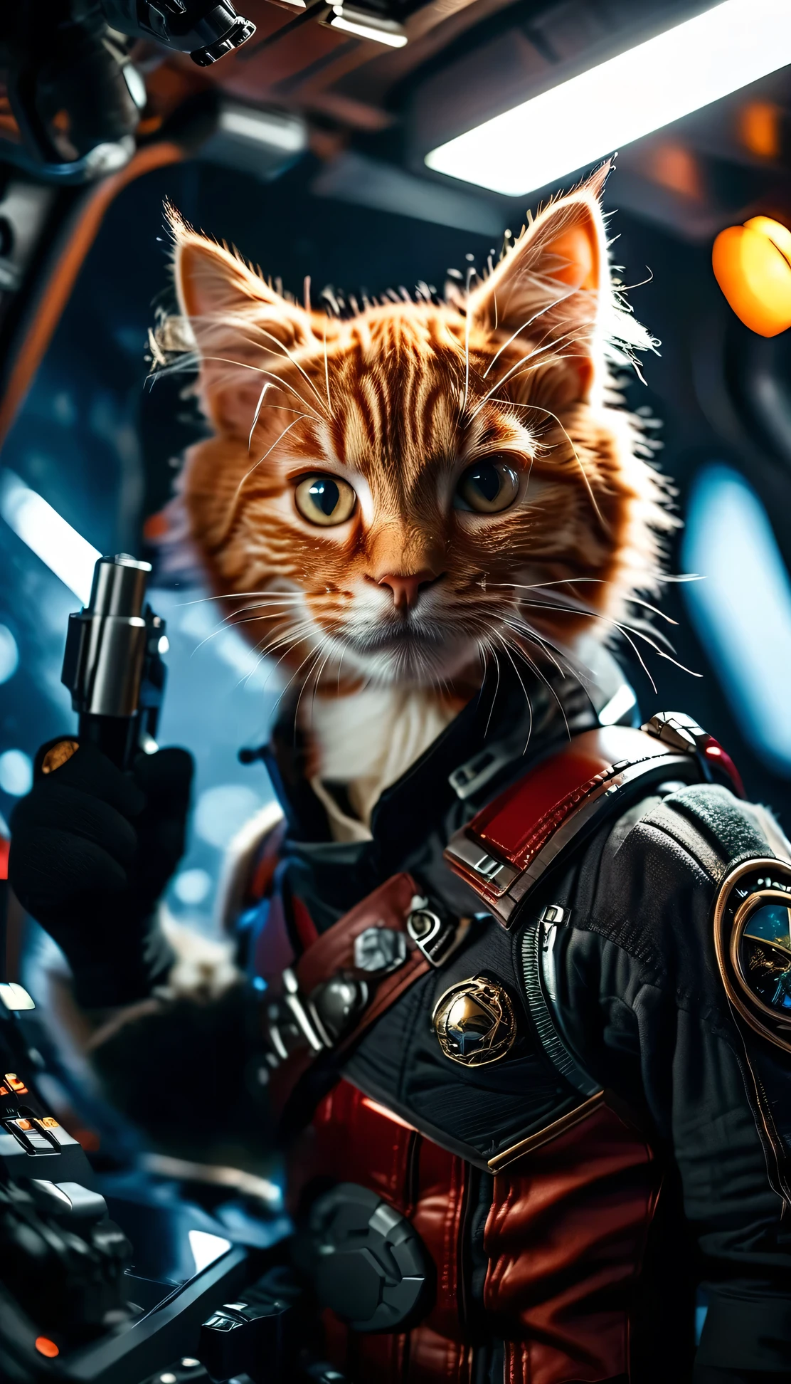 cinematic photo a detailed Award-winning photo, Cute red-haired cat space pirate in his spaceship ,Realistic fur, tooth , anger, Have a big futuristic gun, Epic pose, High quality photos, 3-point lighting, flash with softbox, 4K, Canon EOS R3, High resolution, Smooth, Sharp focus, High resolution, Award-winning photo, 80mm, F2.8, Bokeh . 35mm Photography, movie, Bokeh, Professional, 4K, Very detailed